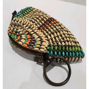 Hurley Bag Multicolored Wood Beads Fully Lined Leather Metal Accents 80s Boho